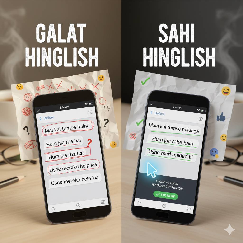 Hinglish Mistakes aur Sahi Hinglish messages ka comparison. microniech.in Free Grammar Check Tool ka demo.